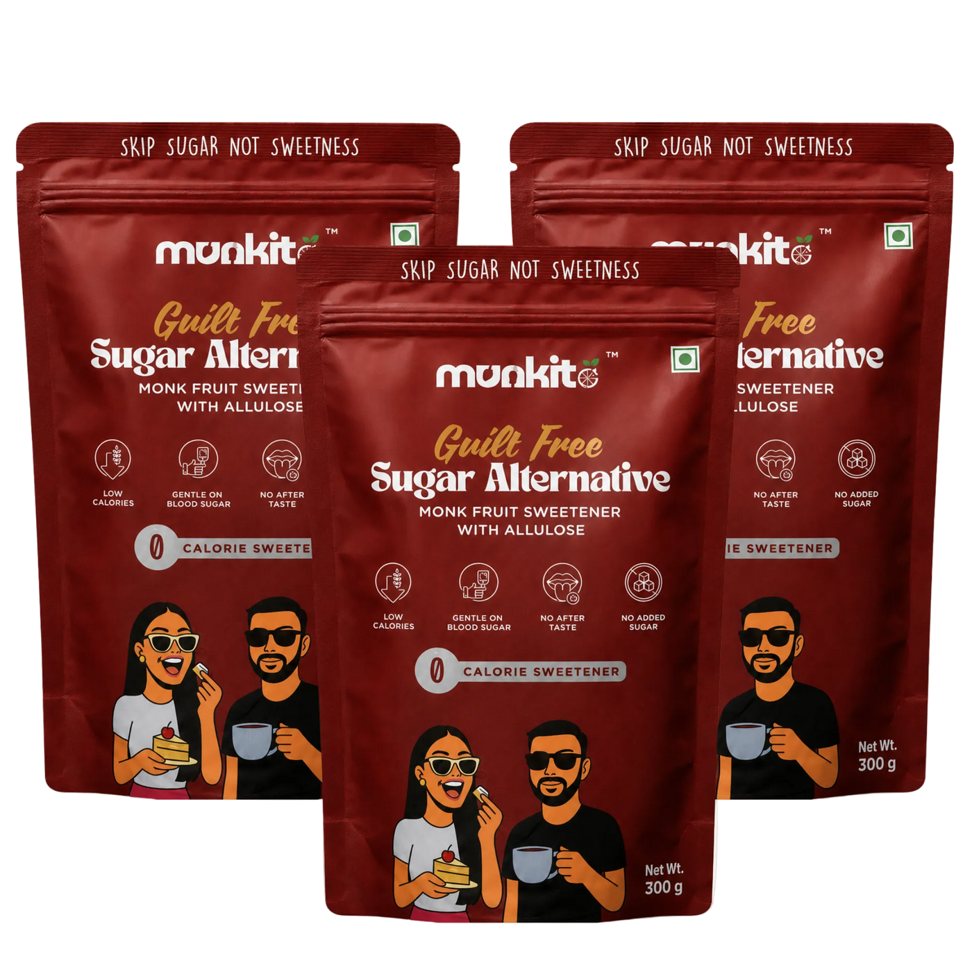 Three stand-up pouches of Munkito Guilt Free Sugar Alternative Monk Fruit Sweetener arranged in a fan shape on a light gray background.