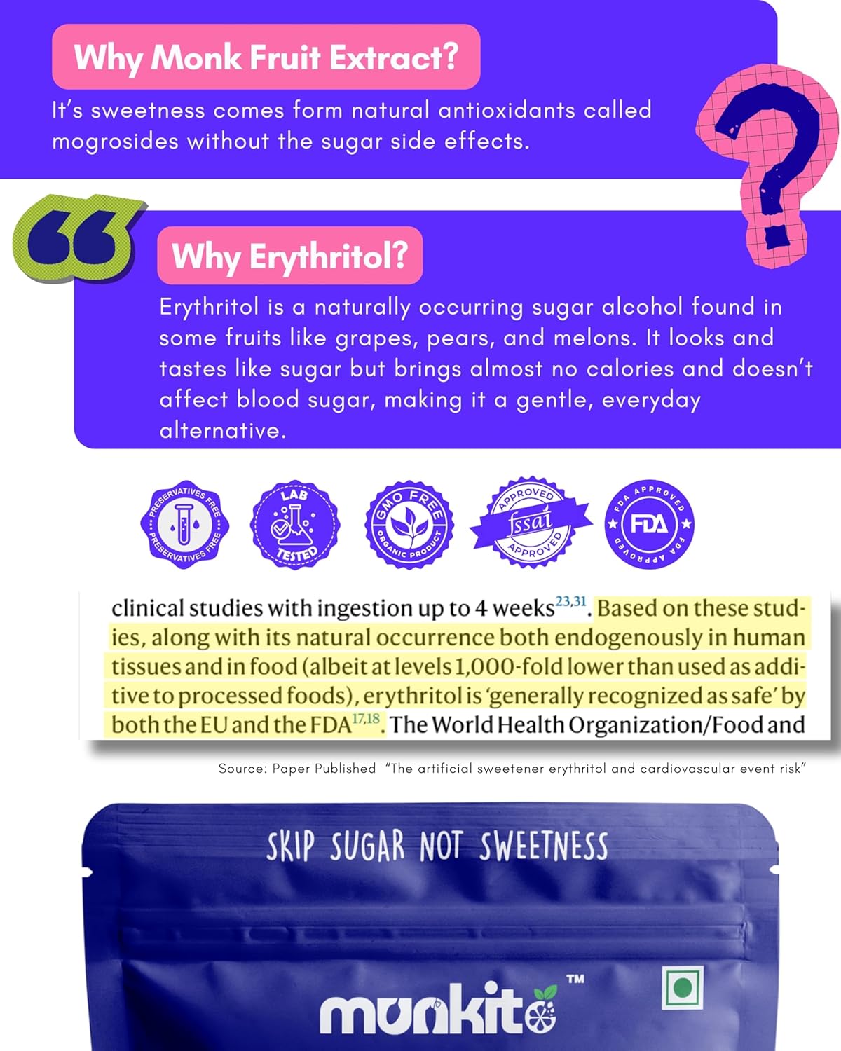 Blue monk fruit extract packaging with text about sweetness and safety.