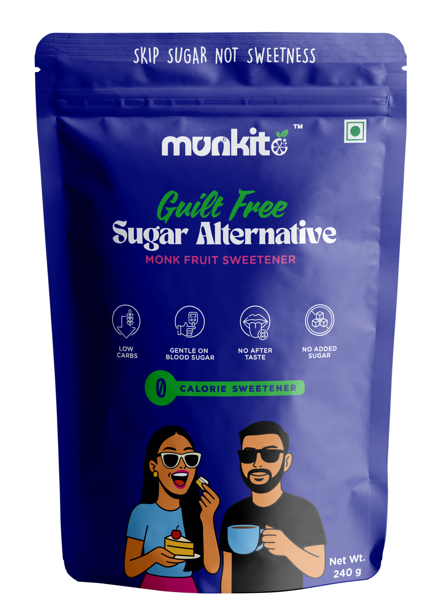 Munkit guilt-free sugar alternative packaging with illustrations of people enjoying food and drinks.