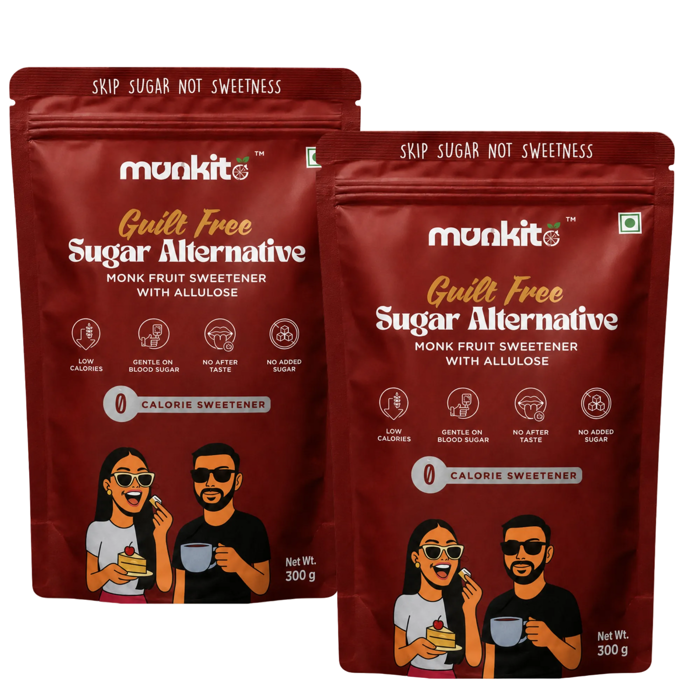 Two stand-up pouches of Munkito Guilt Free Sugar Alternative Monk Fruit Sweetener with Allulose, 300g each, shown on a light gray background.