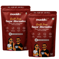 Two stand-up pouches of Munkito Guilt Free Sugar Alternative Monk Fruit Sweetener with Allulose, 300g each, shown on a light gray background.