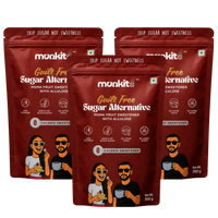 Three stand-up pouches of Munkito Guilt Free Sugar Alternative Monk Fruit Sweetener arranged in a fan shape on a light gray background.