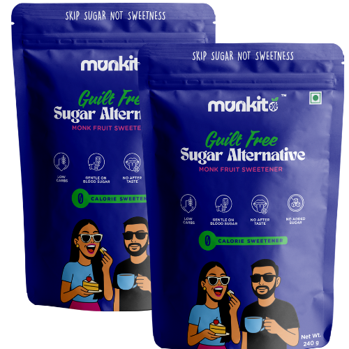 Two packages of munkito Guilt Free Sugar Alternative Monk Fruit Sweetener on a white background.