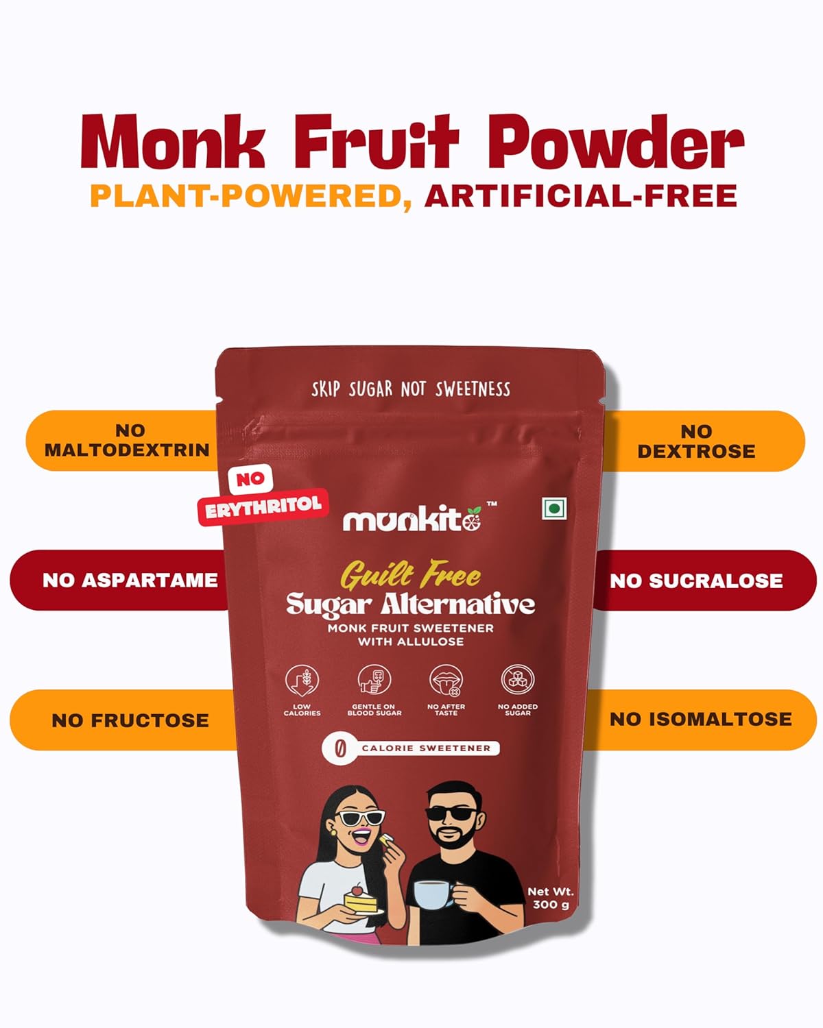 Monk Fruit Powder packaging with branding and product details on a white background