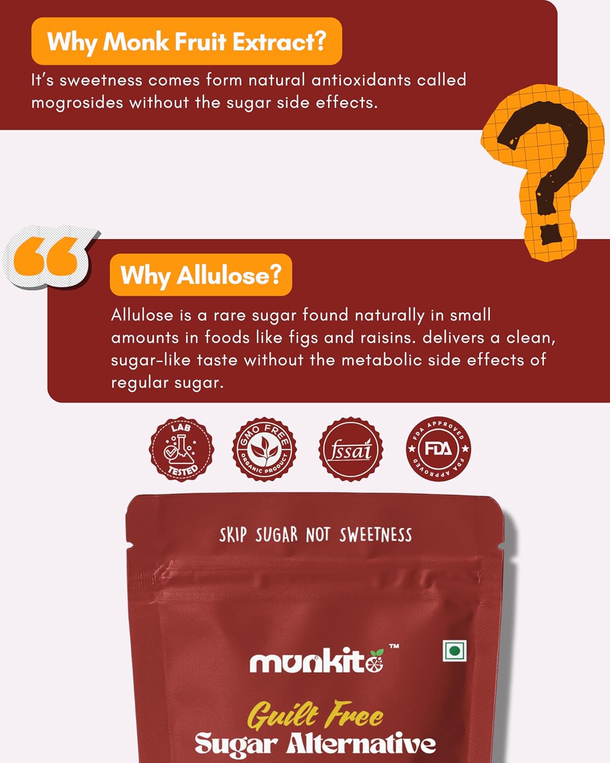 Munkito guilt-free sugar alternative packaging with text about monk fruit extract and allulose.