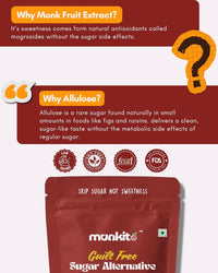 Munkito guilt-free sugar alternative packaging with text about monk fruit extract and allulose.