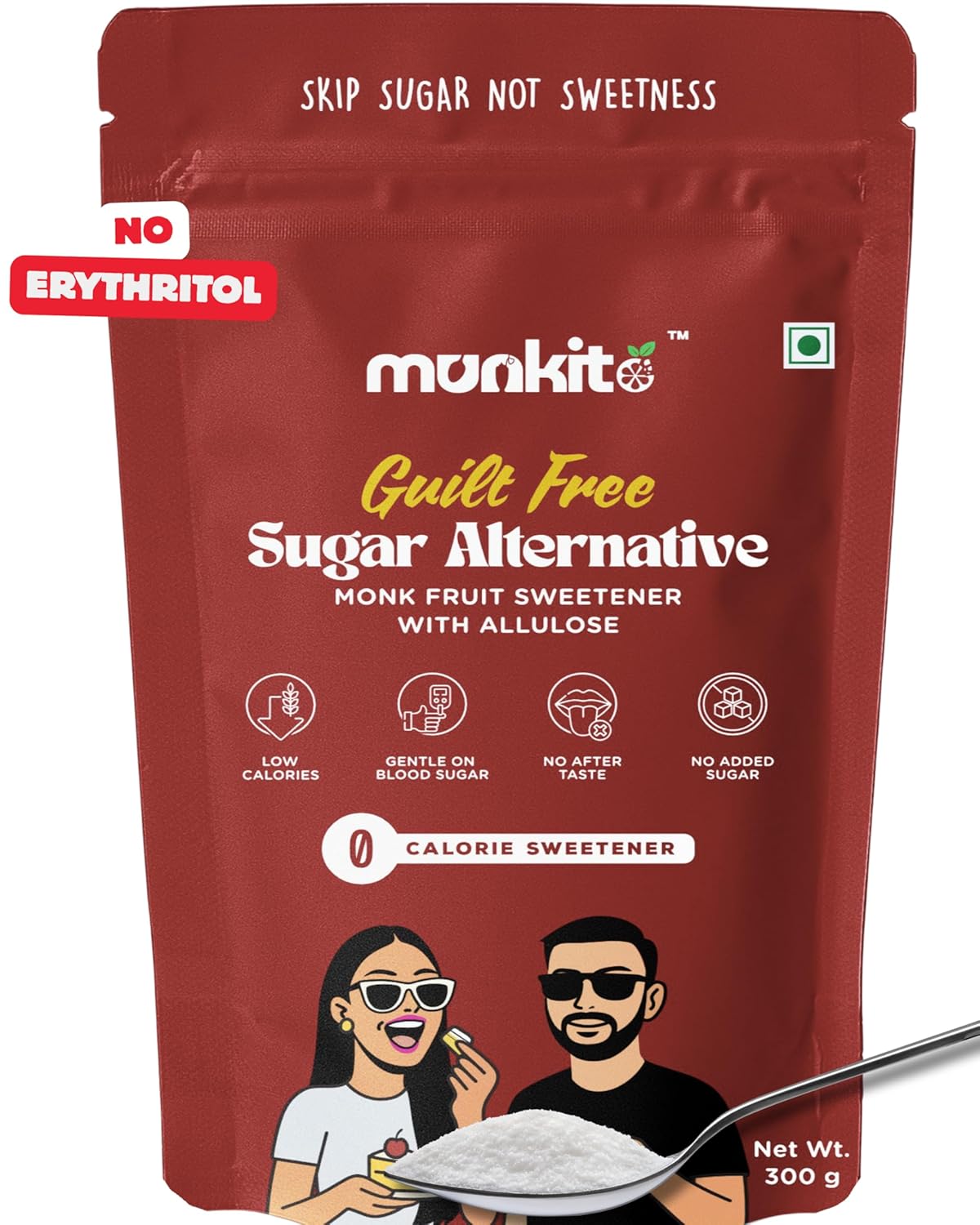 Munkito guilt-free sugar alternative packaging with a spoonful of product.