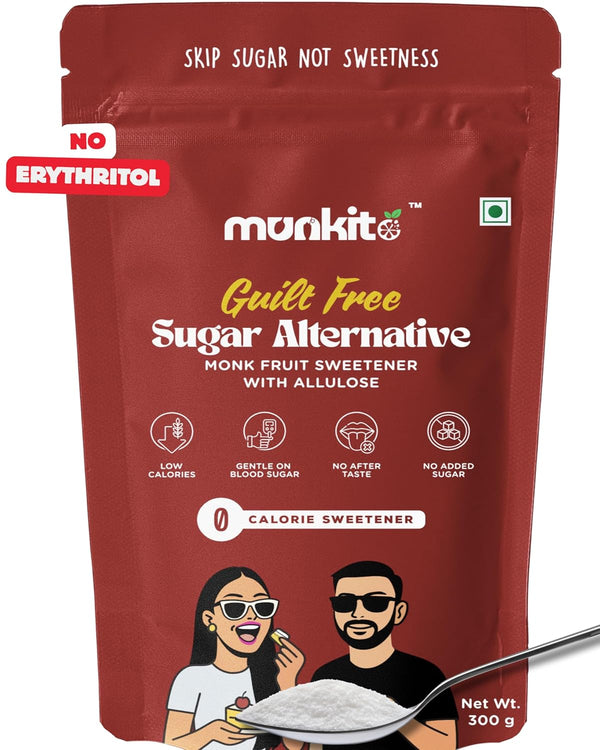 Munkito guilt-free sugar alternative packaging with a spoonful of product.