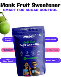  Monk Fruit Sweetener package with text highlighting benefits on a white background
