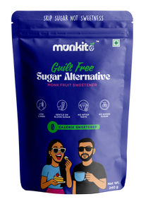 Munkit guilt-free sugar alternative packaging with illustrations of people enjoying food and drinks.