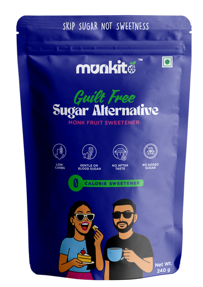 Munkit guilt-free sugar alternative packaging with illustrations of people enjoying food and drinks.