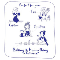 Illustrations of a woman performing various activities related to coffee, tea, smoothies, and baking.