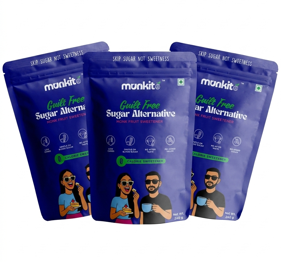 Three packages of munkit guilt-free sugar alternative on a white background