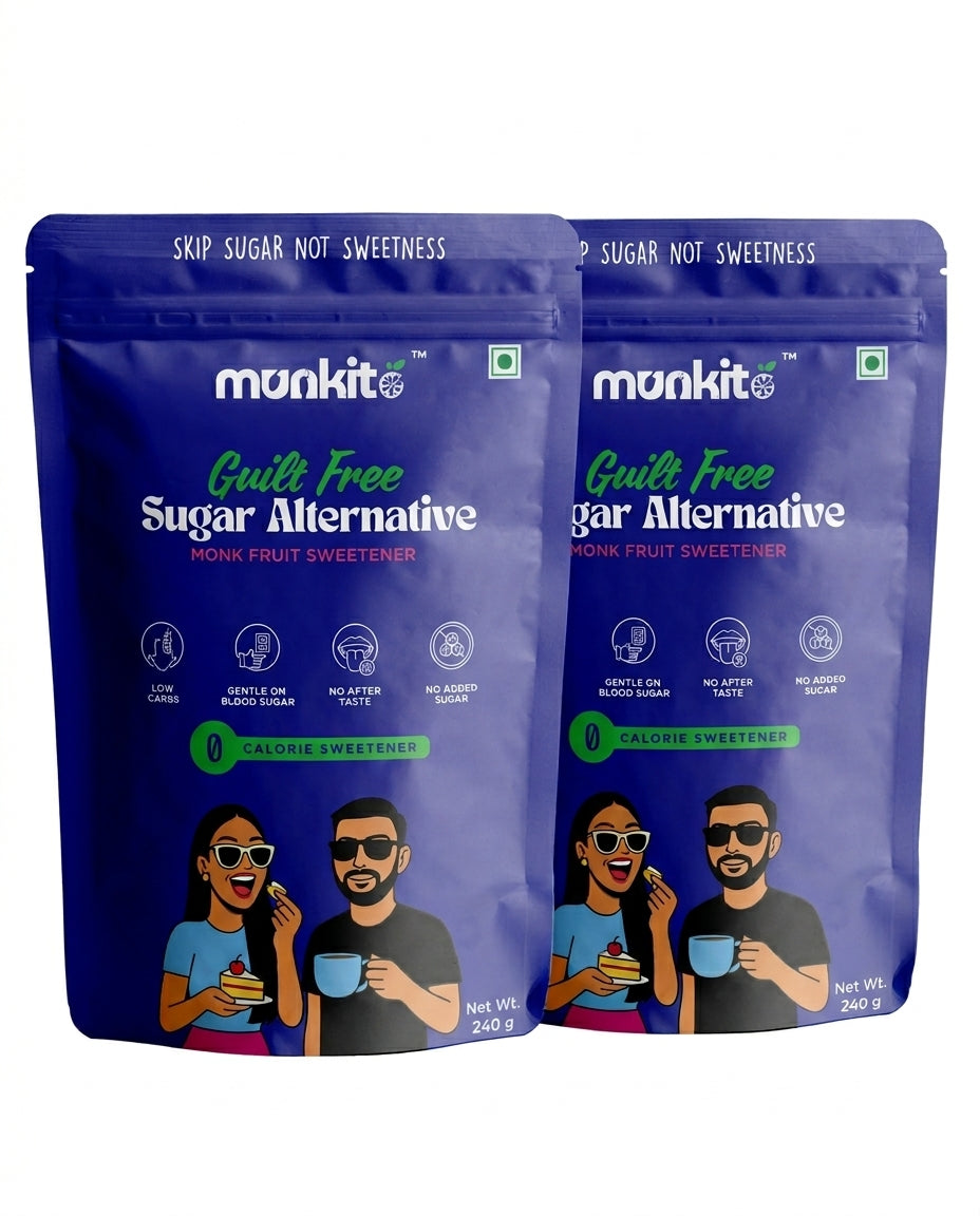 Two packages of monkit guilt-free sugar alternative on a white background
