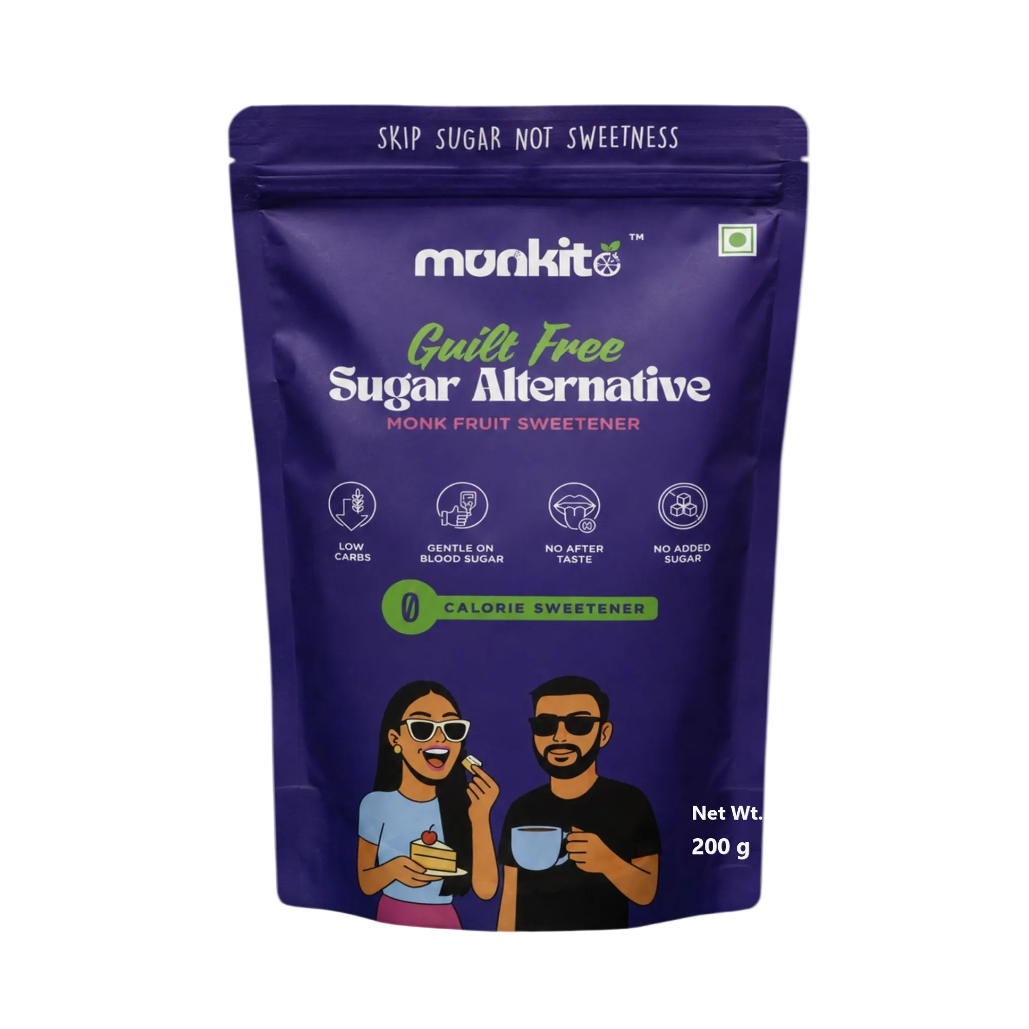 A 200 g stand-up pouch of Monkito Guilt Free Sugar Alternative (Monk Fruit Sweetener) on a light off-white background. The packaging is deep purple with white and green text, and features cartoon illustrations of a man and woman at the bottom.
